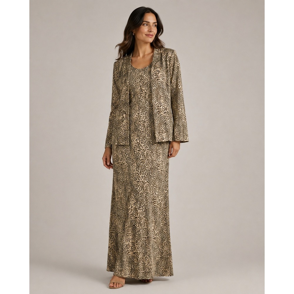 Vintage Karin Stevens Animal Print Maxi Dress Jacket Set Womens Large